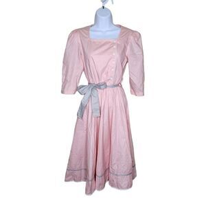Vintage 80s Fit 7 Flare Dress Womens Size Small Pink Gray Belted Feminine Coquet